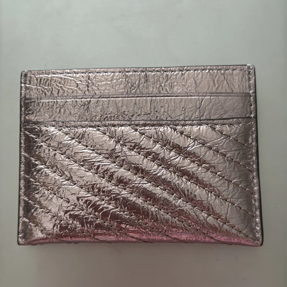 Tory Burch Leather Kira Moto Quilt Metallic Pave Logo Card Case Sparkle Pink